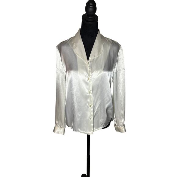 Women’s 6P Joan Leslie Ivory Satin Blouse Bridal Vintage Glam Button Front - Picture 1 of 9